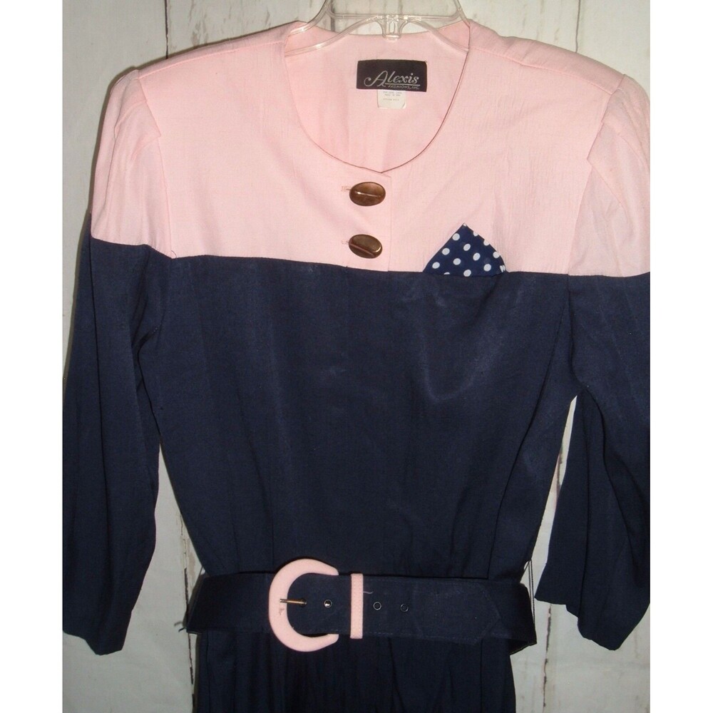 Vintage Dress Alexis Fashions Pink blue colorblock Belted retro Career S/M